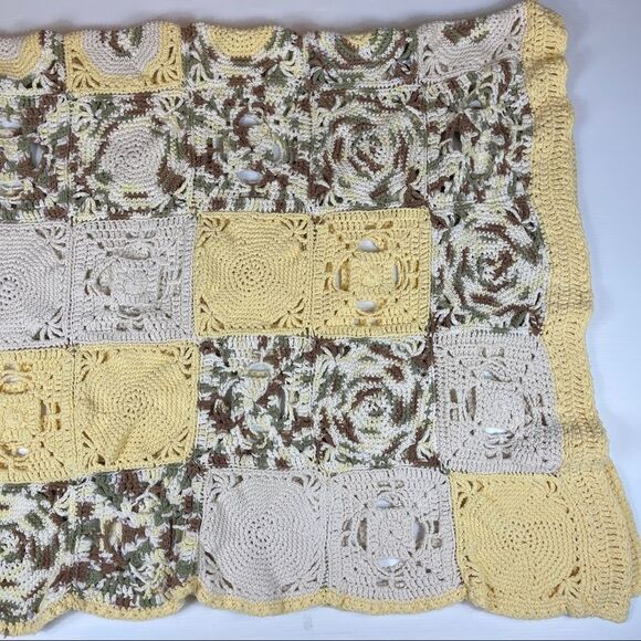 Handmade Crochet COTTON Afghan Cottage Yellow Off-White Multi Cabin 49" x 76" - Picture 3 of 8